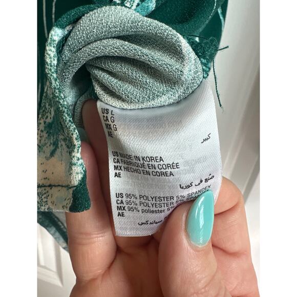 Alfani Green with White Floral Pattern V-neck Blouse with Tie Strings - Picture 3 of 6